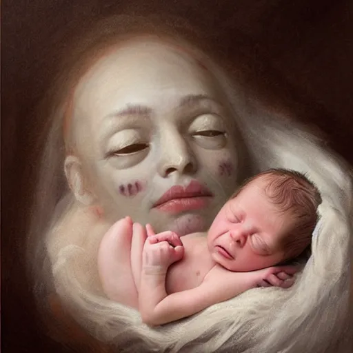 Prompt: a newborn baby, from the 1 8 th century. she is painted in the style of newborn photography by hr giger artgerm and greg rutkowski