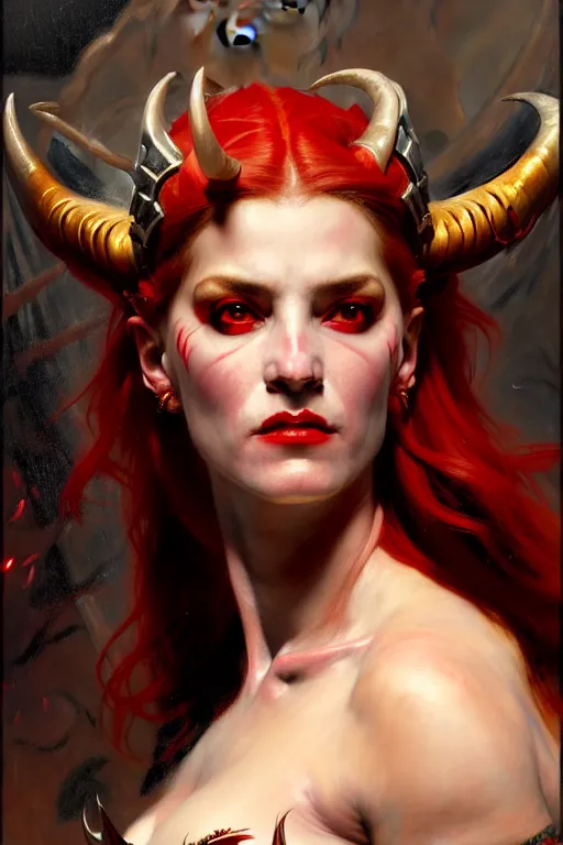 Image similar to painted close - up portrait of a very attractive red - skinned intimidating demon cyborg queen with ram horns! oil painting, wearing a noblewoman's outfit, fantasy art by john singer sargent and gaston bussiere and james jean and greg rutkowski, demon noble character design, hd