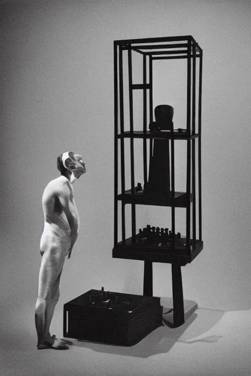 Prompt: a minimalist portrait of Marcel Duchamp connected to an ancient chess machine in the style of Irving Penn, Hito Steyerl, Shinya Tsukamoto, Saâdane Afif, Caravaggio, Pieter Hugo line drawing and 35mm film, wide angle, monochrome, futuristic tetsuo