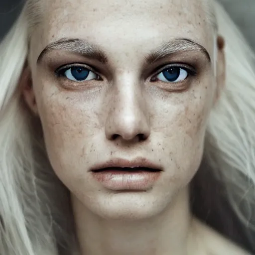Prompt: portrait photo of a full platinum blond model, shaved eyebrow, no eyebrow, pale skin, freckle, realistic, high detail, high quality, trending on pinteresst