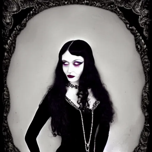 Image similar to young woman, angelica morticia addams, long black hair, short, flapper, vintage, creepy, beautiful, macabre