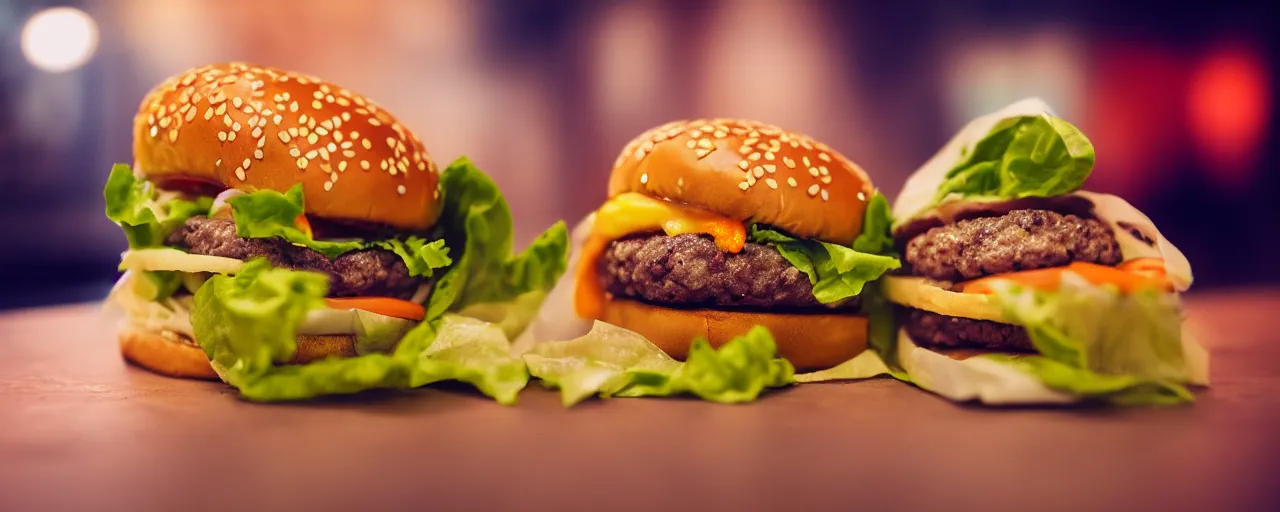 Prompt: juicy big mac burgers from a fast food restaurant, depth of field, food photography, isometric, tasty, burger, wide shot, studio, bokeh, gmaster, cooking, food, kodak, sony, canon