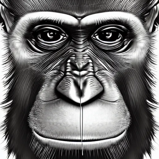 Image similar to modern art abstract portrait of an ape monkey, futuristic style, visible brush strokes, very abstract