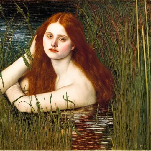 Prompt: breathtaking masterpiece of art, elizabeth eleanor siddall as ophelia floating on the water amongst the reeds by william holman hunt and rosetti, 8 k
