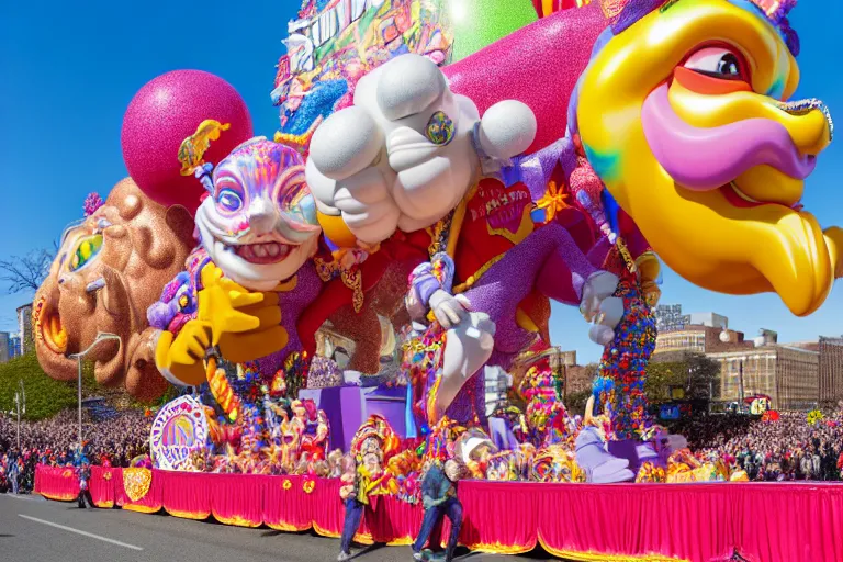 Image similar to photo of giant beautiful elaborate parade float character designed by lisa frank and geof darrow, in the macys parade, detailed 4 k photo,