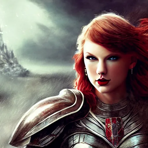 Image similar to the picture of taylor swift with red hair in a knight armor, epic fantasy art, mystical, mystic atmosphere, mythology, photo realistic, high detail, ultra realistic, hyper realistic, high definiton, 4 k uhd,