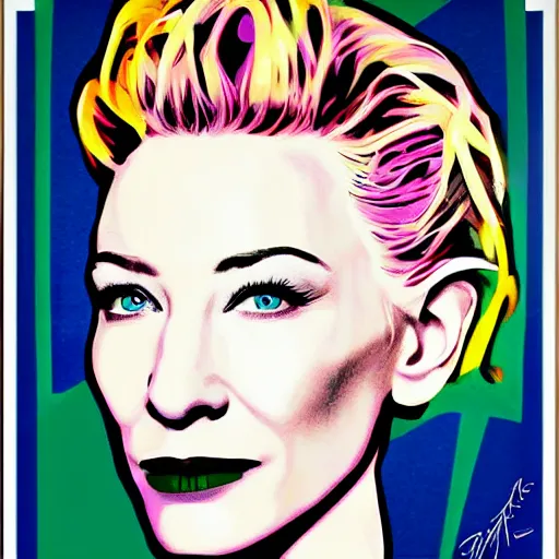 Prompt: pop art portrait of cate blanchett