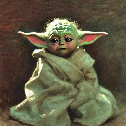 Prompt: baby yoda, by Henry Ossawa Tanner