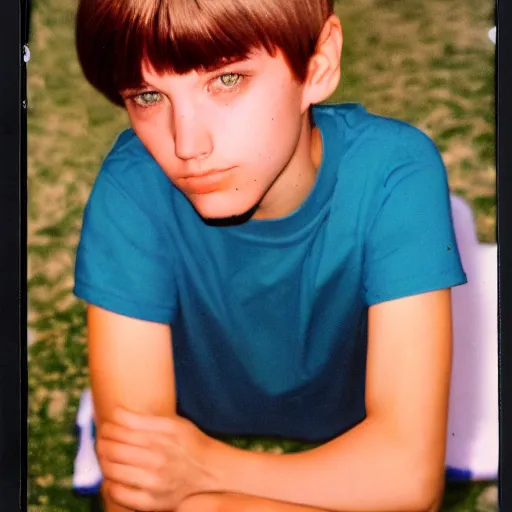 Image similar to medium shot portrait, teen male, 9 0 s bowl cut hairstyle, gecko t shirt, polaroid instant film