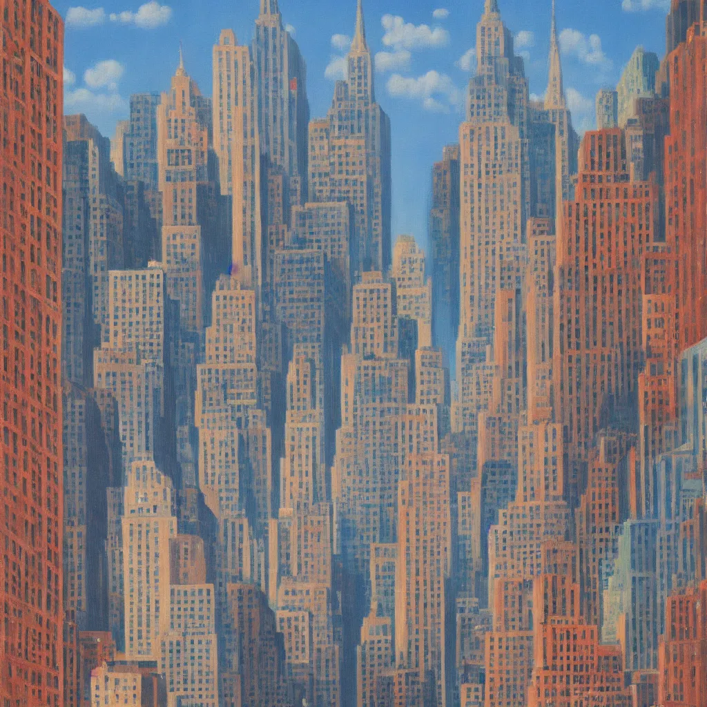 Image similar to a beautiful painting of manhattan, in the style of rene magritte. 4k