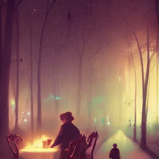 Image similar to The dinner with all of my lost ones, By Delphin Anjolras, by Ismail Inceoglu, by Emiliano Ponzi, ghosts