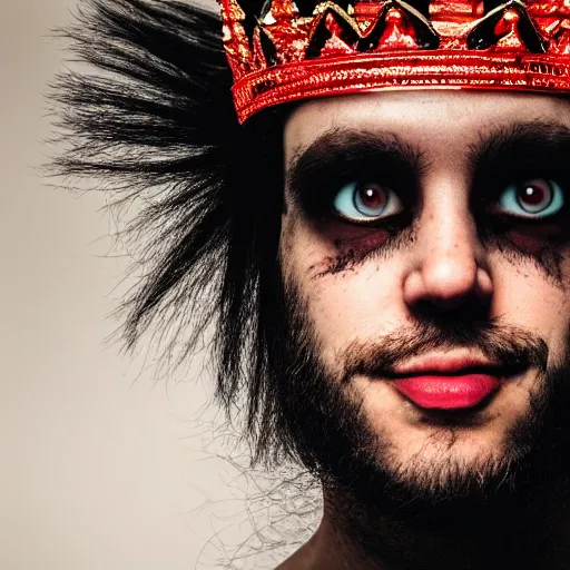 Image similar to man with a crown, smirk, photograph, black backgrounds, glowing red eyes, dark, horror