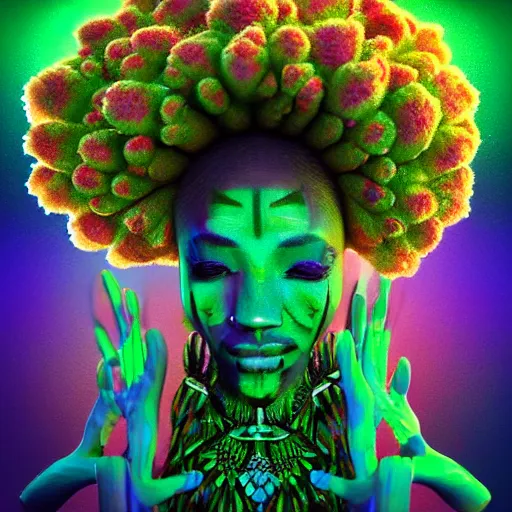 Image similar to a female african marijuanna! shaman with an afro made of flowers, third eye art art by machina infinitum, complexity from simplicity, rendered in octane, mandelbulb 3 d, ambient occlusion, macro photography, felt!!! texture, tribal, pastel! retrowave