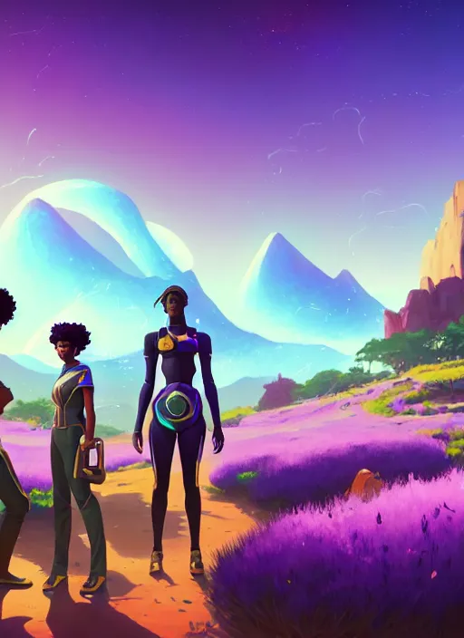 Prompt: afro - futurist settlers exploring an alien landscape with golden iridescent rivers and lavender grass | hyperrealistic digital painting by makoto shinkai, ilya kuvshinov, lois van baarle, rossdraws | afrofuturism in the style of hearthstone and overwatch, trending on artstation