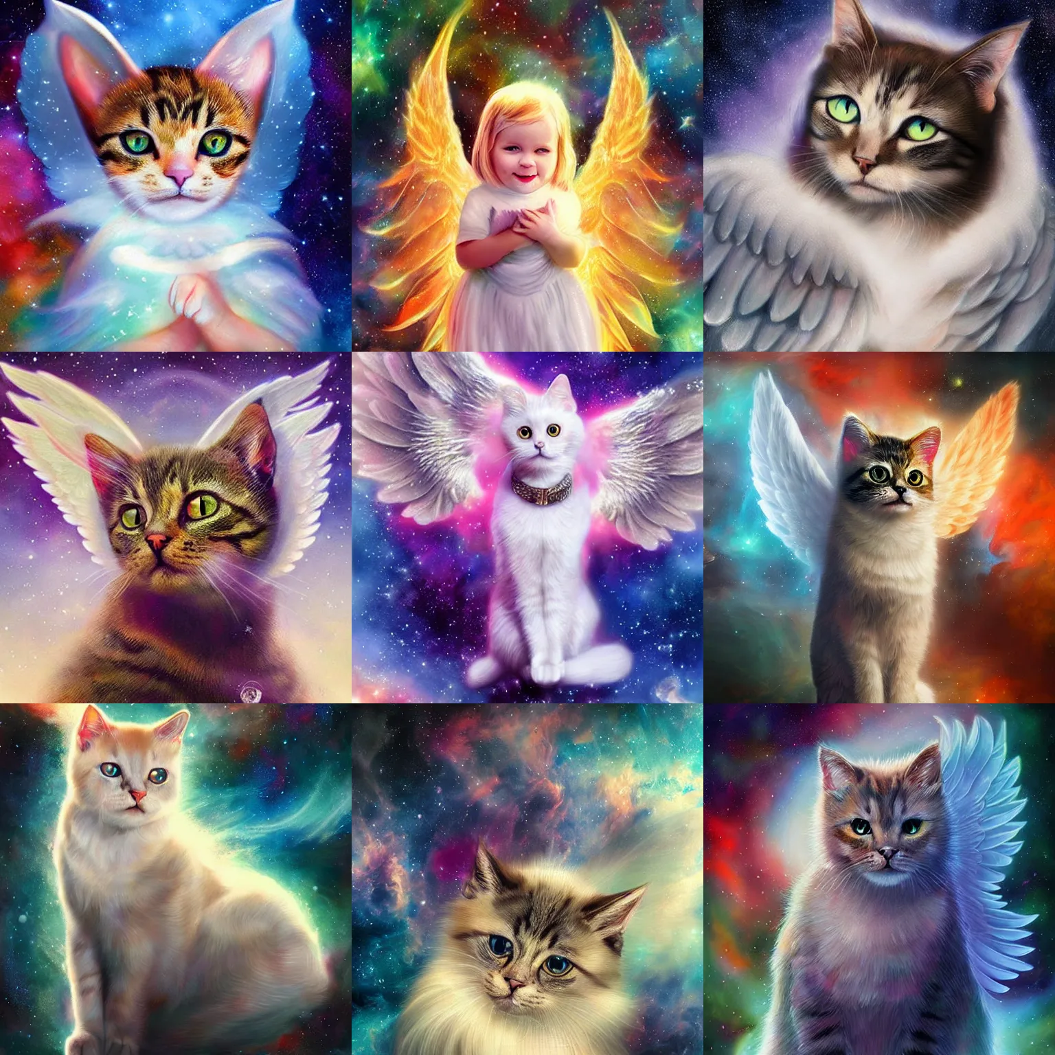 Prompt: a portrait of a cute beautiful cat with angel wings in the space with nebulae, realistic painting, classical painting, high definition, digital art, matte painting, very detailed, realistic
