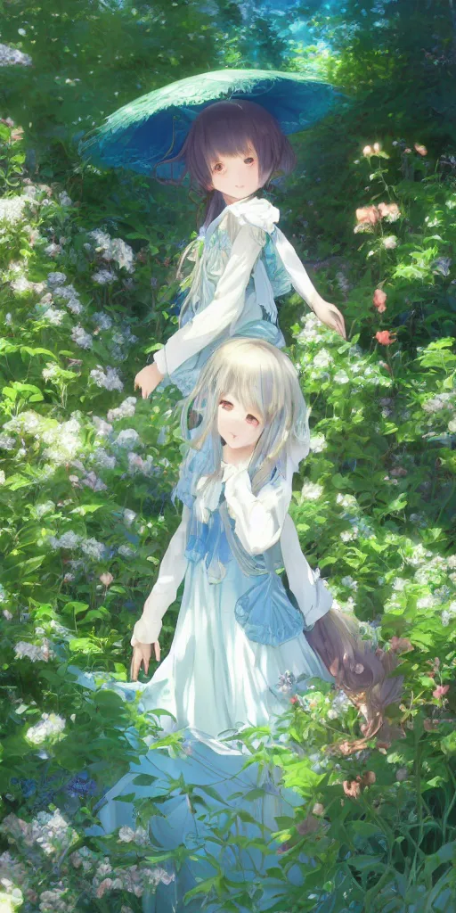 Image similar to a digital art full of atmosphere of a loli with long hair in a dress in the privet garden at after noon, green and warm theme, blue accents, back lighting, highly detailed, 4 k resolution, trending on art station, by krenz cushart and mucha and akihito yoshida and greg rutkowski and makoto shinkai