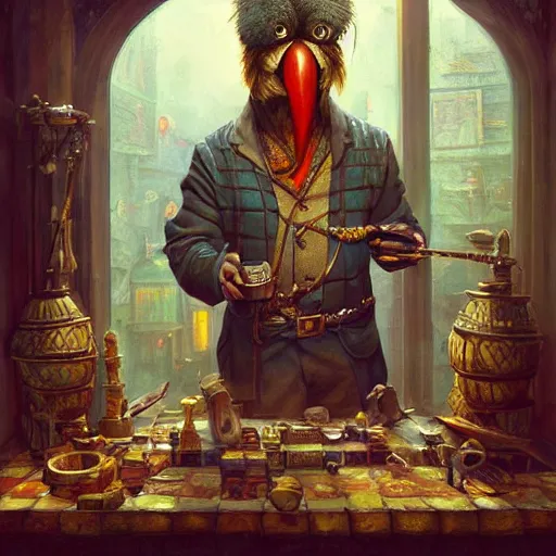 Prompt: A Anthropomorphized parrot trader in his shop, selling his wares, portrait, items, gold, carpet, window, sly expression, cunning expression, D&D, fantasy, intricate, cinematic lighting, highly detailed, digital painting, artstation, concept art, smooth, sharp focus, illustration, art by Greg Rutkowski