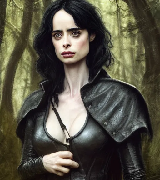 Image similar to 5 5 mm close up portrait photo of krysten ritter as yennefer of vengerberg in black leather armor and black hair, in a forest. magical atmosphere. art by greg rutkowski. lifelike. very detailed 8 k. intricate. soft light. nikon d 8 5 0.