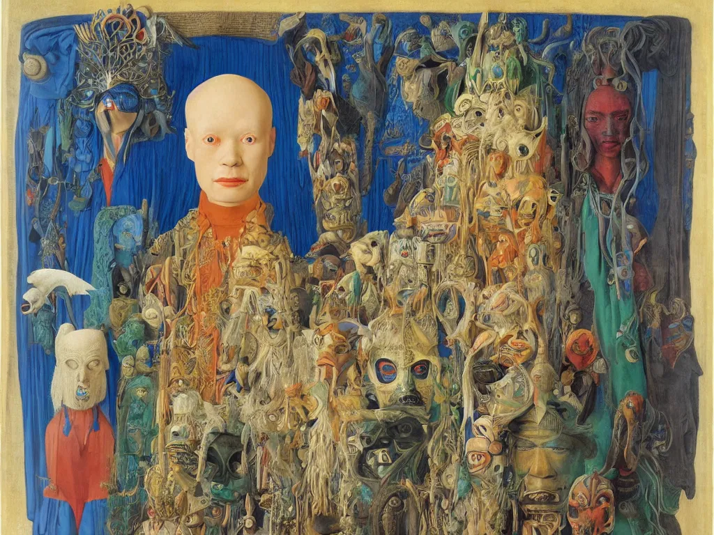 Image similar to portrait of albino mystic with blue eyes, with beautiful exotic, archaic, Aztec mask, sculpture. Painting by Jan van Eyck, Audubon, Rene Magritte, Agnes Pelton, Max Ernst, Walton Ford