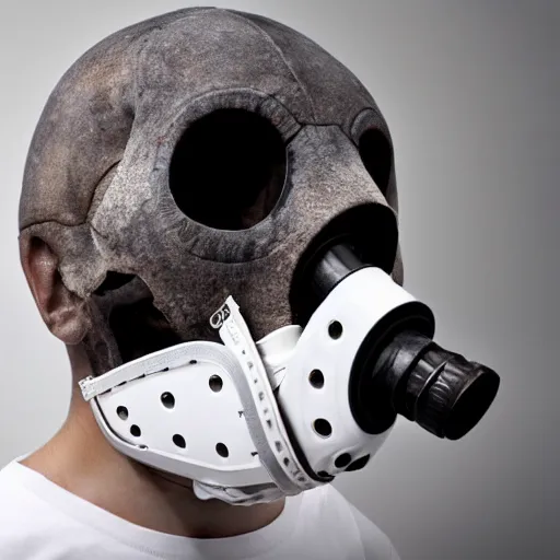 Image similar to a hyper realistic photoshoot of a gas mask in the shape of a human skull in white studio lit backround