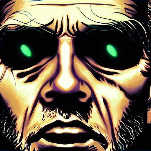Prompt: close up portrait artwork of man with mullet cyborg eye. From The Terminator 1984. Artwork by Dan Mumford