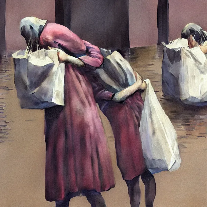 Image similar to two women hugging with a paper bag over the head dressed in plastic bags on flooded streets, highly detailed, artstation, art by, , edward hopper, Zdzislaw Beksinski, highly detailed