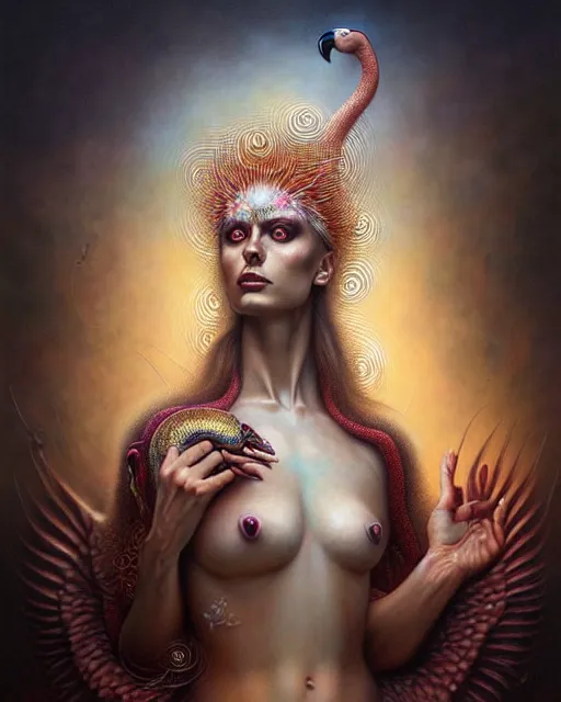 Image similar to a detailed portrait of dreampunk flamingo python hybrid mix beautiful! goddess by tomasz alen kopera and peter mohrbacher