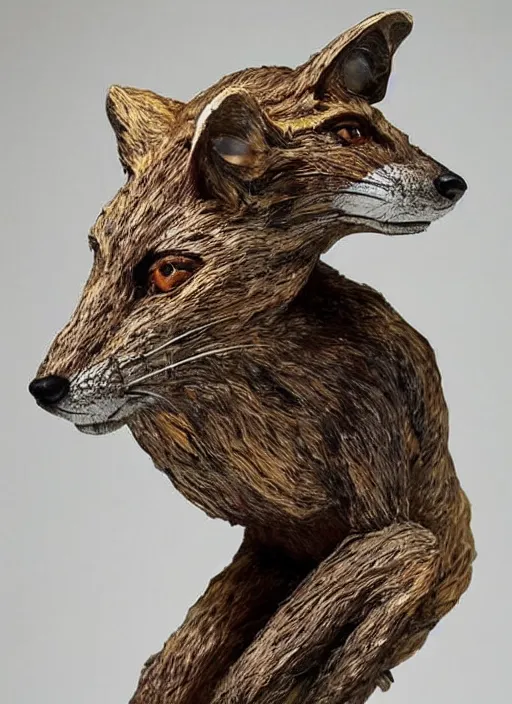 Prompt: sculpture of rat on top of a fox made of wood, portrait, female, future, wood, tree, harper's bazaar, vogue, magazine, insanely detailed and intricate, concept art, close up, ornate, luxury, elite, elegant, trending on artstation, by ruan jia, by Kenneth Willardt, by ross tran, by WLOP, by Andrei Riabovitchev,