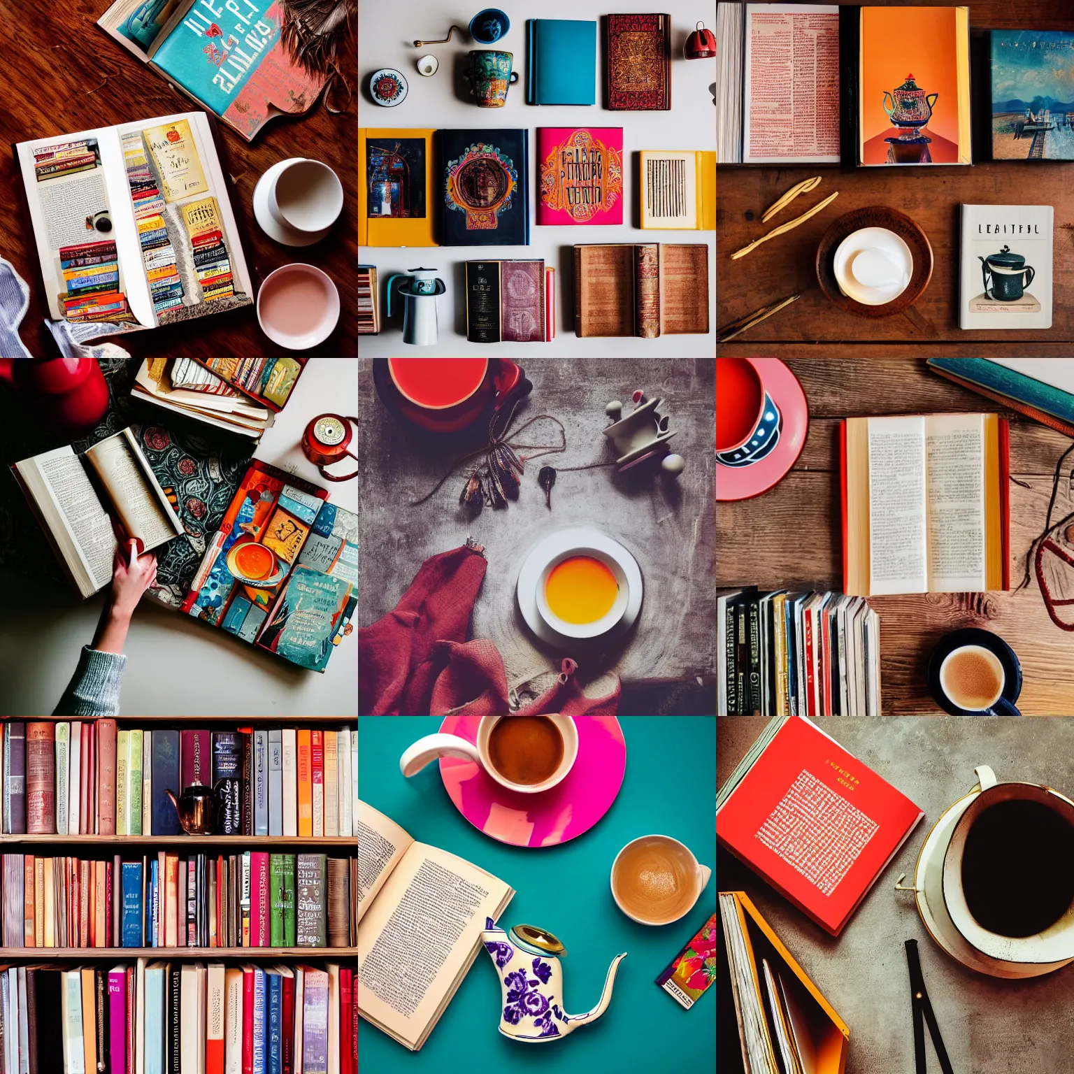 Prompt: flatlay book collection, vivid colors, dramatic lighting, teapot