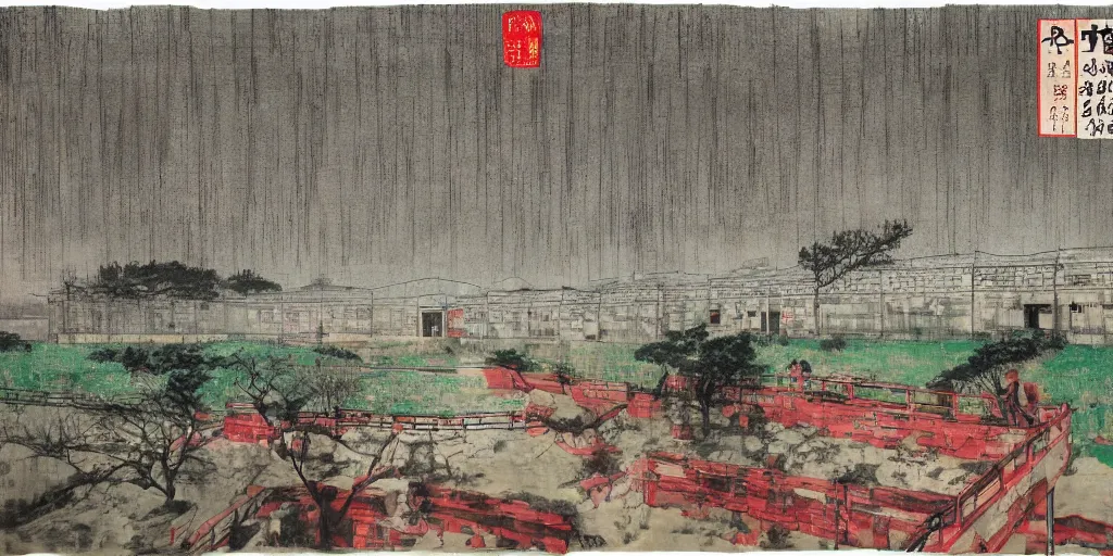 Image similar to a chinese prison near a river by peter doig, overlaid with chinese adverts