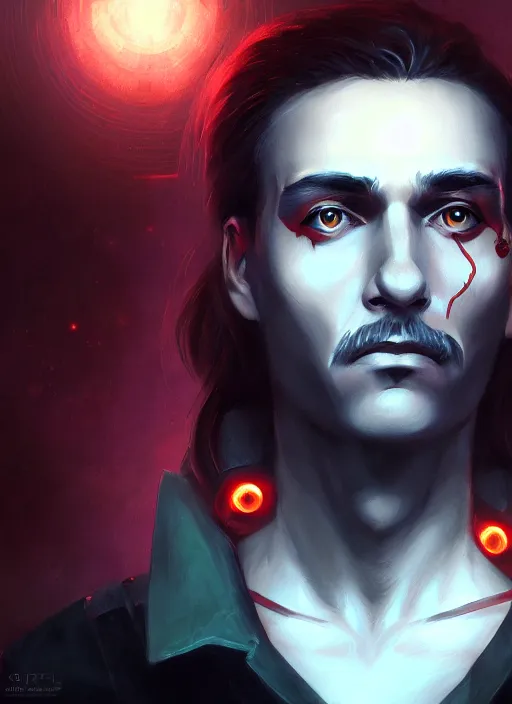 Image similar to « a portrait o cyberpunk joseph stalin, glowing eyes, a digital painting by charlie bowater, featured on cgsociety, fantasy art, behance hd, wiccan, artstation hd »