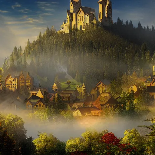 Image similar to magical academy on a mountain, town below, mist, mystical, happy, sunshine, realistic, by bagshaw, tom