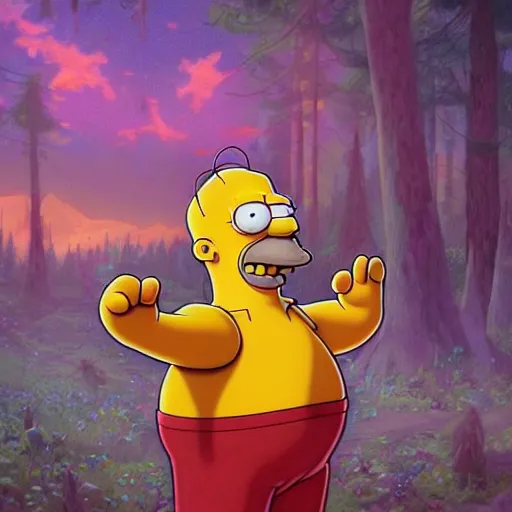 Prompt: ultra realistic illustration of magical real life cartoon character homer simpson, forest, fantasy, colorful lights, intricate, elegant, highly detailed, digital painting, artstation, concept art, smooth, sharp focus, illustration, art by artgerm and greg rutkowski and alphonse mucha homer!!! simpson!!!