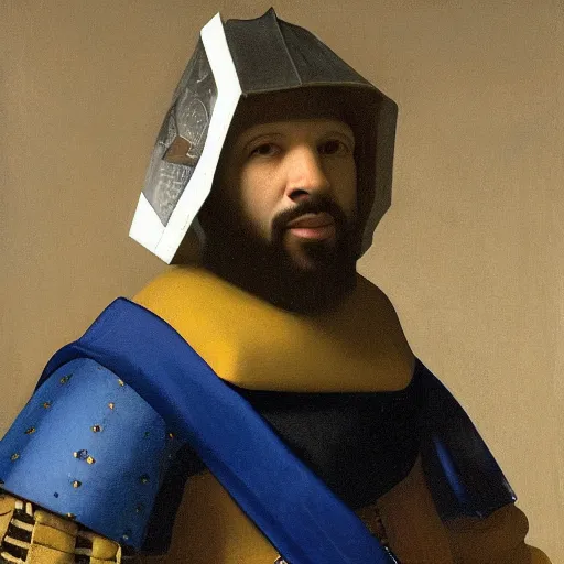 Prompt: a painting of drake in knights armor by vermeer