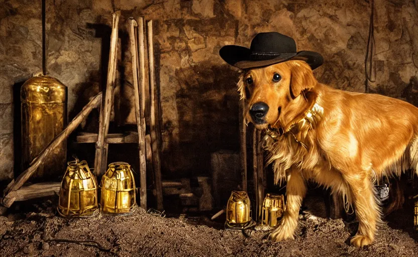 Prompt: a dirty golden retriever in a dark mine wearing a wild west hat and jacket with large piles of gold and gold nuggets nearby, dim moody lighting, wooden supports, lanterns, stylized photo