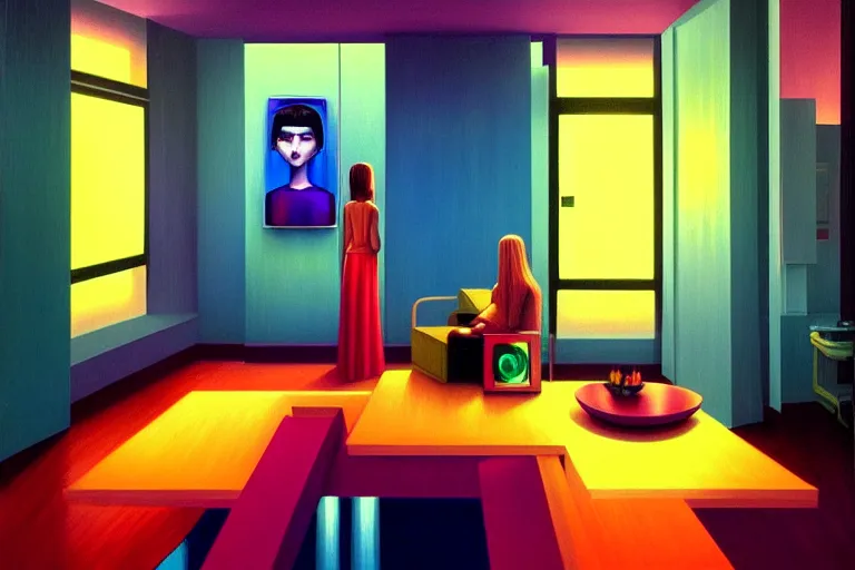 Image similar to chill apartment 🛸🌈, futuristic, neon god of city, in the style of margaret keane, moebius, tom bagshaw, and waterhouse, cinematic lighting, golden ratio, beautiful, elegant, oil painting,