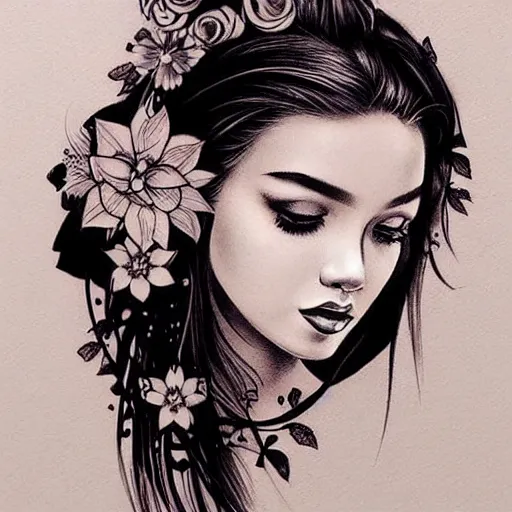 Image similar to tattoo design, stencil, traditional, beautiful portrait of a girl with flowers in her hair by artgerm, artgerm, digital art