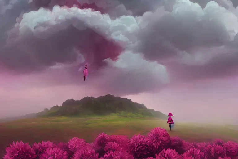 Image similar to giant dahlia flower as the head, girl walking on mountain, surreal photography, pink storm clouds, dramatic light, impressionist painting, digital painting, artstation, simon stalenhag