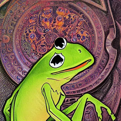 Prompt: a closeup portrait of a young kermit the frog, art nouveau, jugendstil, decorative background, spirals, painted by alphonse mucha