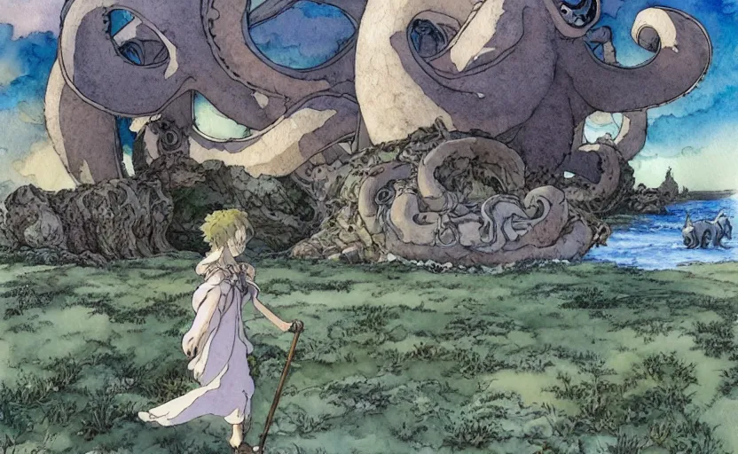 Image similar to a hyperrealist studio ghibli watercolor fantasy concept art. in the foreground is a giant grey octopus lifting a stone. in the background is stonehenge. by rebecca guay, michael kaluta, charles vess