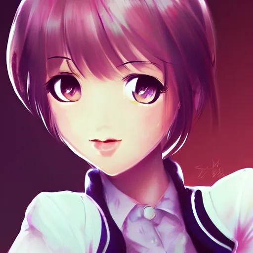 Image similar to portrait of Sayori from DDLC, detailed facial features, optimistic colors, bright eyes, warm smile, delicate, by artgerm