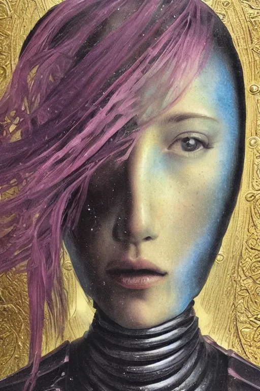 Image similar to hyperrealism oil painting, close - up portrait of medieval fashion model, knight, steel gradient mixed with nebula sky, in style of baroque mixed with 7 0 s japan book art