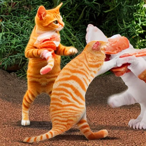 Prompt: orange tabby cat fighting a humanoid bacon strip, humanoid bacon strip fighting tabby, realistic