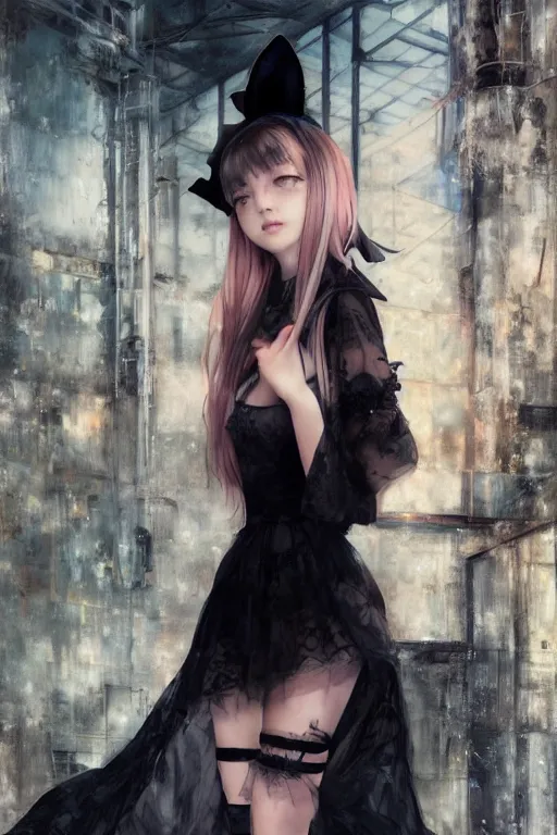 Prompt: a girl with cat ears wearing a black lace dress and thigh highs walking in an abandoned factory, digital art, beautiful face, expressive oil painting, by yoshitaka amano, by artgerm, by jeremy lipking, volumetrics, sunset