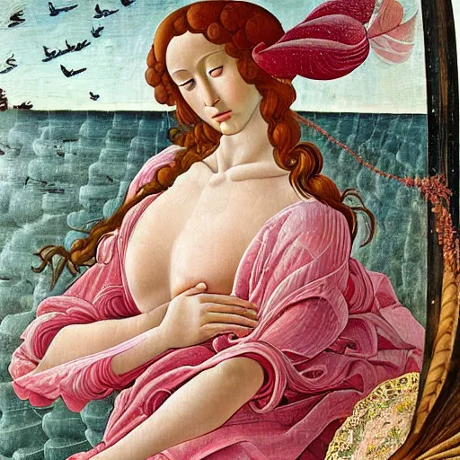 Image similar to an ultradetailed mythological oil painting of a beautiful woman with long brown hair, full body, wearing pink floral chiton, sleeping on a giant scallop shell, near the seashore, intricate lines, elegant, renaissance style, by sandro botticelli