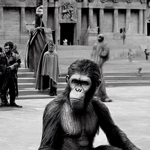 Image similar to still of planet of the apes 1 9 6 8, in cibeles, madrid city