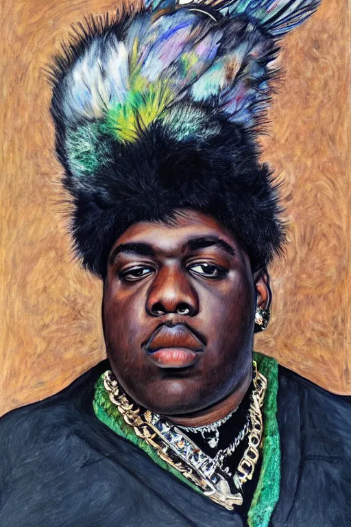 Image similar to a portrait of biggie smalls wearing boho - chic style clothes, with plumes, feathers and fur muffler, full body!!, realistic painting in egon schiele style, masterpiece, hyperdetailed, complex, intricate, 4 k, trending on artstation