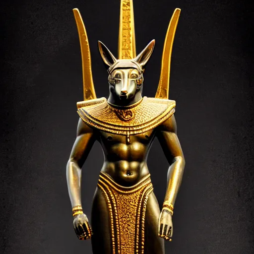 Image similar to a statue of anubis made of black ebony, decorated with gold and enamel,, elegant, epic, detailed, intricate, digital painting, concept art, realistic detailed, smooth, focus, rim light