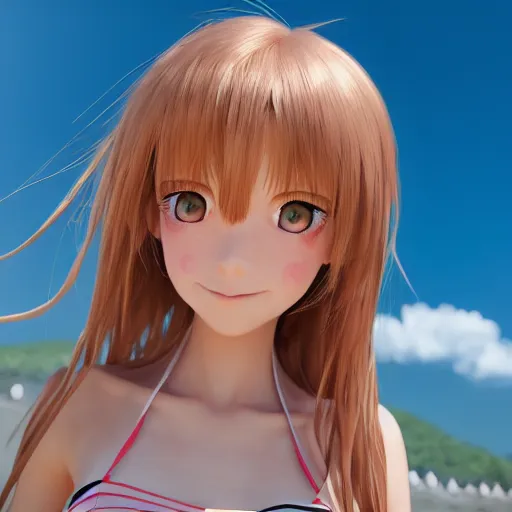 Image similar to Render of a very very very beautiful 3d anime girl, long hair, hazel eyes, cute freckles, full round face, short smile, cute sundress, golden hour, serene beach setting, medium shot, mid-shot, highly detailed, trending on Artstation, Unreal Engine 4k