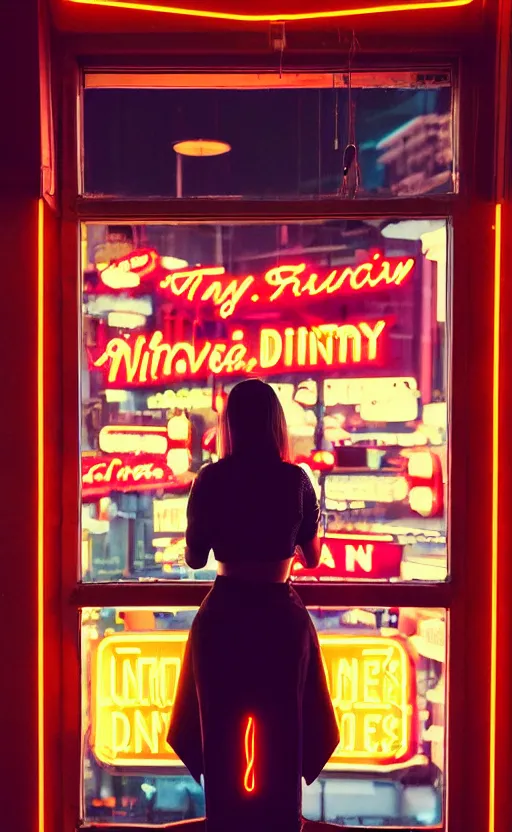 Image similar to vertical movie frame portrait of girl in 5 0's retro restaurant interior, neon - decorated urban on night in the city seen through the window, modern interior design, architectural design, vintage, night blade runner, dark, postapocalyptic, clean lines, 4 k, octane, asian futuristic city at distance, big windows, octane, wide angle